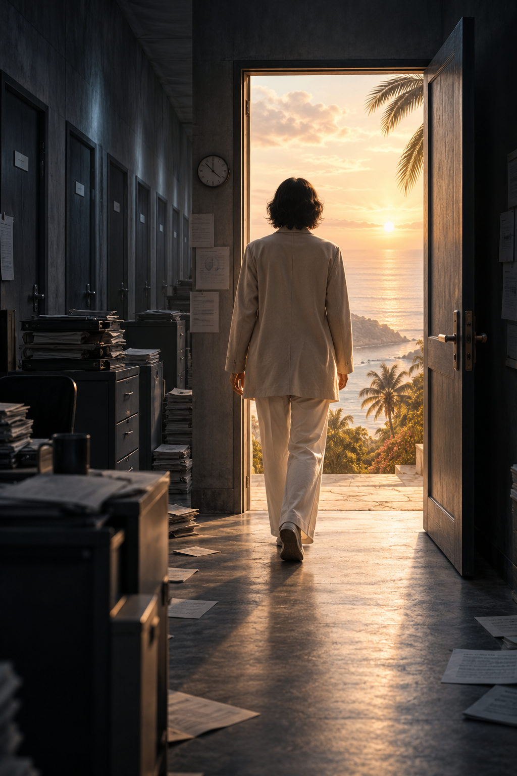 Nastassia B in a cream wrap dress with a terracotta sash, standing in a doorway at sunset with the ocean and palm trees behind her